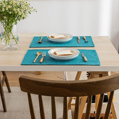 Kevin Textile Burlap Linen Placemats Set of 6 Heat Resistant Dining Table Place Mats Washable Kitchen Table Mats for Dinning Party Holiday Indoor Outdoor, 13 x19 inches,Peacock Blue
