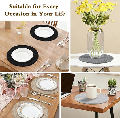 Round Placemats Set of 6 with Holder, Cotton Rope Woven Place Mats, Hot Pads for Kitchen, Heat Resistant Table Mats, 13 Inch Farmhouse Washable Braided Placemat for Kitchen Decor (Brown)