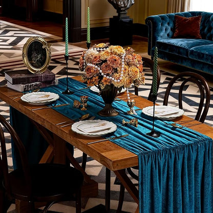 Peacock Blue Velvet Table Runner 29x120 Inch Luxury Retro Thick Runners | 3 - Image 3
