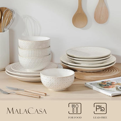 MALACASA 12 Pieces Dinnerware Sets, Modern Relief Design Plates and Bowls Sets, White Dish Set for 4, Kitchen Ceramic Dinner Plates Dishware Set, Microwave and Dishwasher Safe, Series LYDIA
