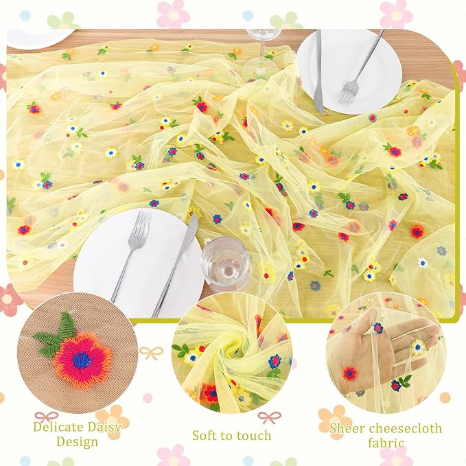 BINBE 12pcs Daisy Spring Table Runner Embroidery Gauze 10FT Florals Seasonal - Image 6