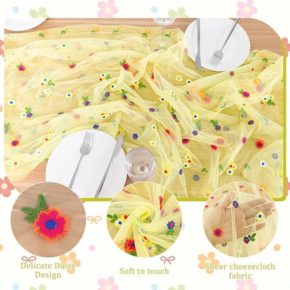 BINBE 3pcs Daisy Spring Table Runner Embroidery Gauze 10FT Florals Seasonal - Image 6