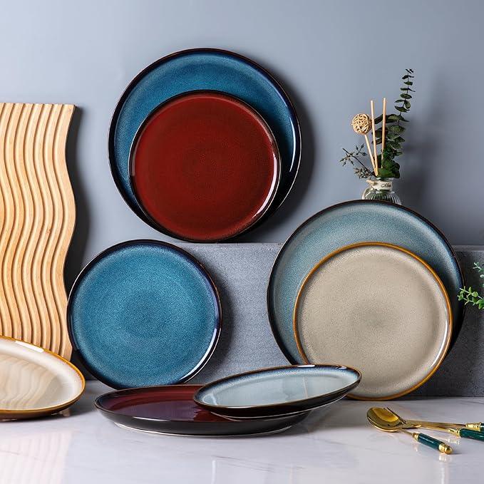 LERATIO Ceramic Plates Set of 6, 10.5 Inch Reactive Glaze Light Weight Porcelain Salad Plates,Modern Shape Dinnerware Dishes Set for Microwave& Dishwasher &Oven Safe,Scratch Resistant-Colorful