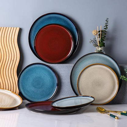 LERATIO Ceramic Plates Set of 6, 10.5 Inch Reactive Glaze Light Weight Porcelain Salad Plates,Modern Shape Dinnerware Dishes Set for Microwave& Dishwasher &Oven Safe,Scratch Resistant-Colorful