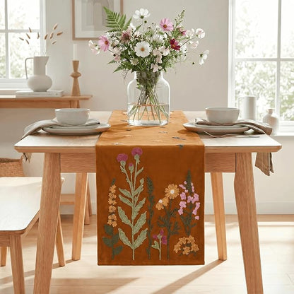 Artoid Mode Caramel Soft Chain Embroidery Wild Floral Fall Table Runner - Image 2
