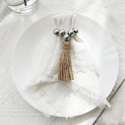 Napkin Rings Set of 12,Wooden Napkin Rings,Wood Bead Elastic Farmhouse Napkin Ring with Tassel,Boho Napkin Holder for Table Decor,Weeding,Dinner,Party(Silver)