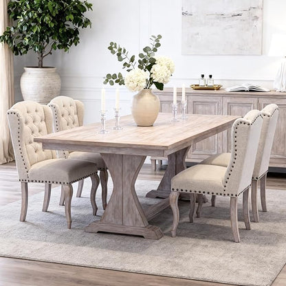 chairus Tufted Parsons Dining Chairs Set of 2, French Country Upholstered Dining Room Chairs with Nailhead Trim & Curved Wood Legs, Farmhouse High Back Armless Side Kitchen Chairs, Beige Linen