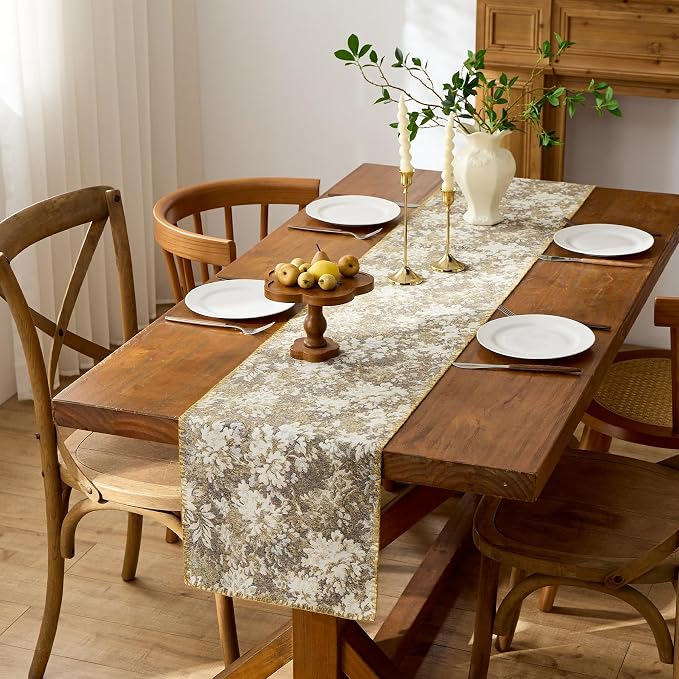 ORTIGIA Vintage Floral Table Runner, Boho Chenille Beige Farmhouse Rustic Runner - Image 2