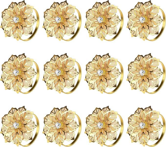 KPOSIYA Set of 20 Napkin Rings, Metal Gold Hollow Out Flower Napkin Ring Holder by KPOSIYA