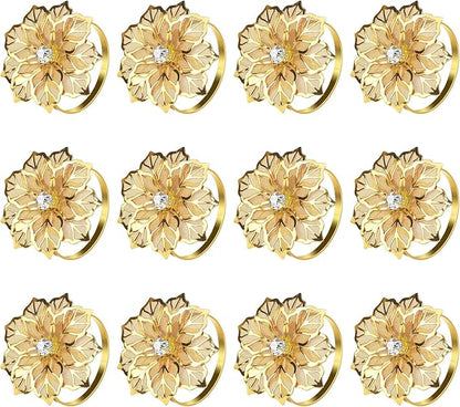 KPOSIYA Flower Napkin Rings Holder Metal Gold Napkin Rings Set of 12 for Wedding Party Holiday Banquet Christmas Dinner Delicate Serviette Buckles Decor Favor (12, Flower-Gold)