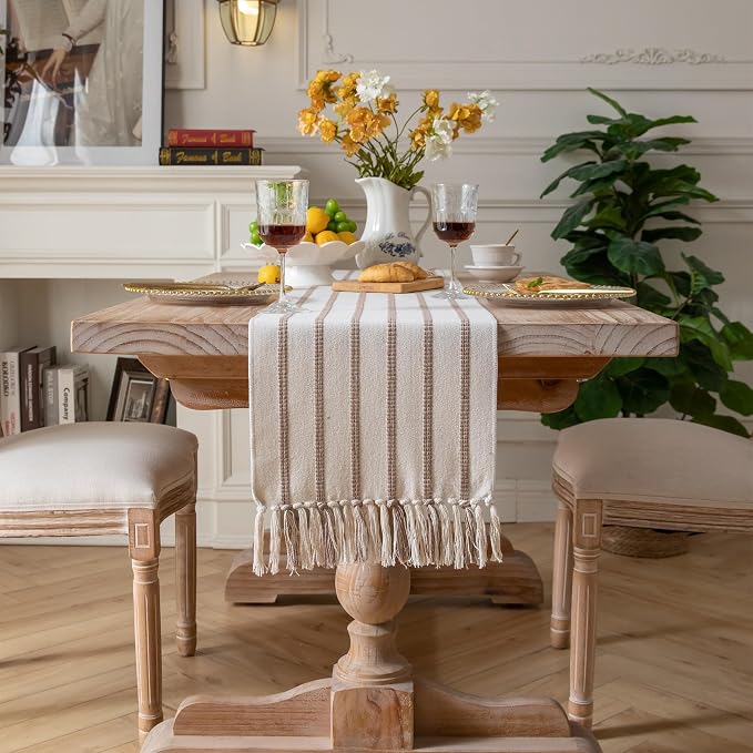 Caflife Boho Table Runner 108 Inchs Long Taupe and Beige, Cotton and Linen Woven - Image 7