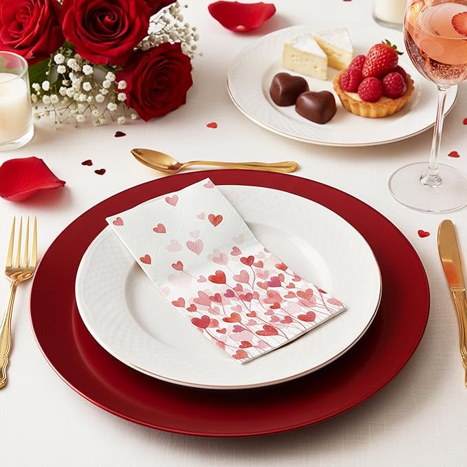 Valentines Day Paper Napkins - 100 Pcs 7.9 x 4.3 In Pink Red Heart Decorative Napkin Sets Disposable, Dinner Guest Party Decorations Supplies Decor for Couples Anniversary Wedding Engagement