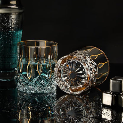 GLASKEY Gold Rim Whiskey Glasses Set of 2,Crystal Old Fashioned Glasses-Luxury Gold Collection,Perfect for Scotch Bourbon Rocks Cognac Vodka Gin Tequila Rum Liquor,Whiskey Gifts for Men