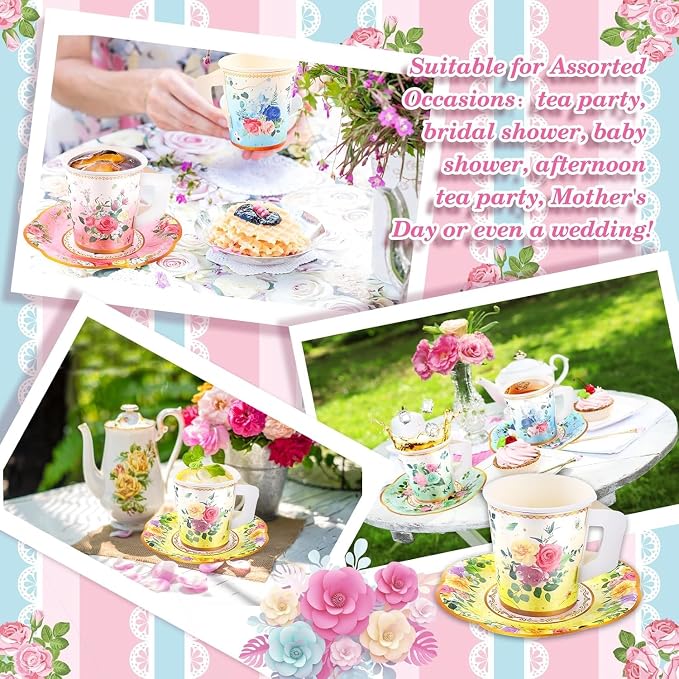 Jasni 168 Pcs Floral Paper Tea Cups and Saucers Set, Severs Disposable Tea - Image 5