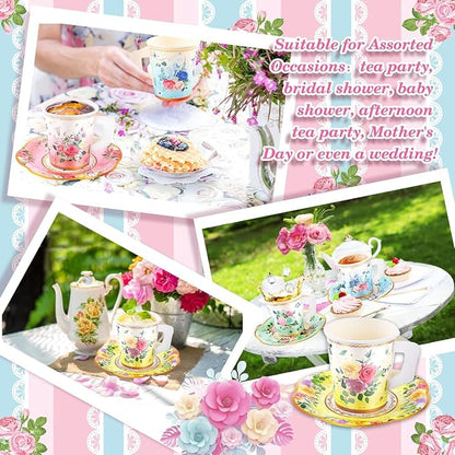 Jasni 168 Pcs Floral Paper Tea Cups and Saucers Set, Severs Disposable Tea - Image 5