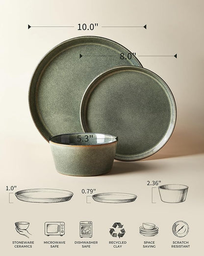 Dinnerware Sets, Microwave Safe Plates and Bowls Sets, Dishes Set for 8, Chip & Scratch Resistant Dinner Set, Handcrafted Farmhouse Dishware Sets, Green Wheat