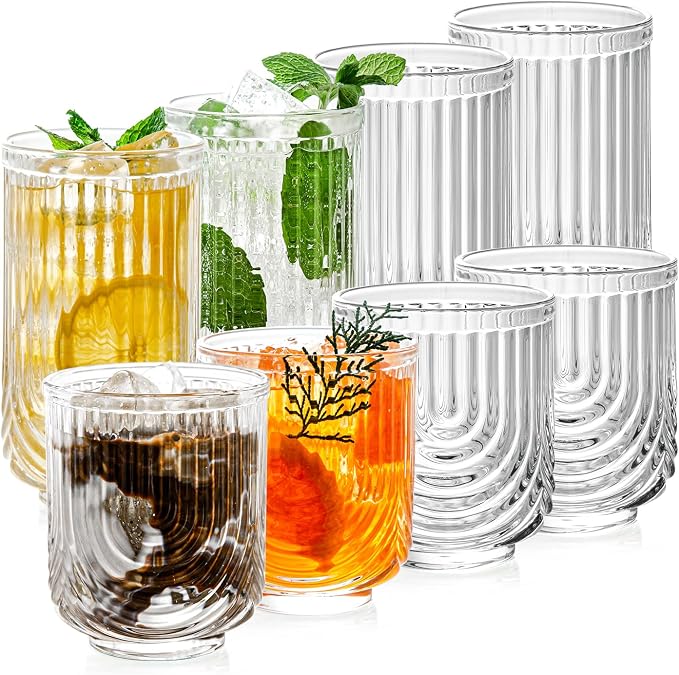Ribbed Glassware Set of 8, Durable Cocktails & Iced Coffee Cups, Versatile by Unknown