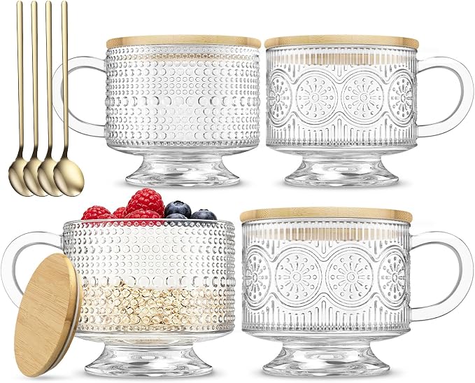 INSETLAN Vintage Glass Coffee Mugs 14 oz Set of 4, Embossed Overnight Oats by INSETLAN