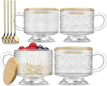 INSETLAN Vintage Glass Coffee Mugs 14 oz Set of 4, Embossed Overnight Oats by INSETLAN