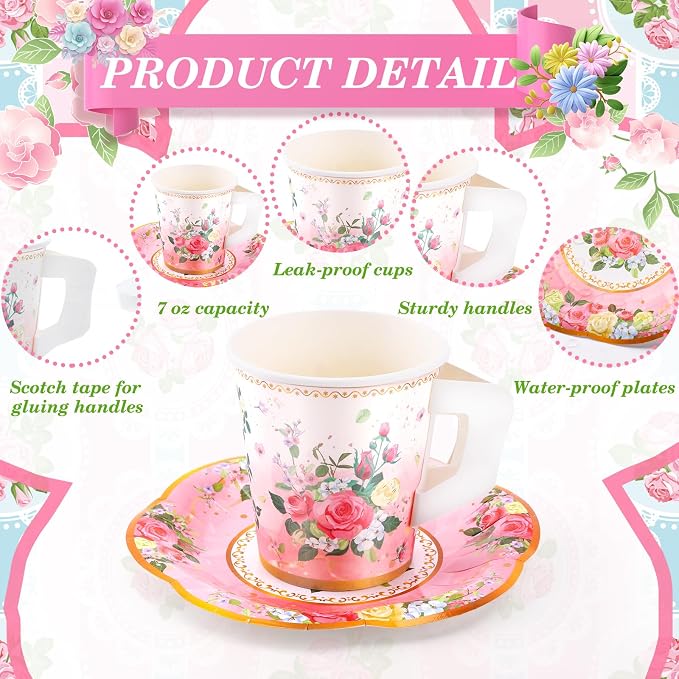 SUMMORO 160 Pcs Floral Paper Tea Cups and Saucers 7 OZ Disposable Paper Tea Cups - Image 3