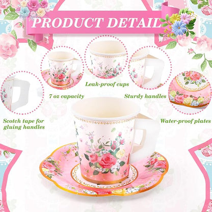 SUMMORO 160 Pcs Floral Paper Tea Cups and Saucers 7 OZ Disposable Paper Tea Cups - Image 3