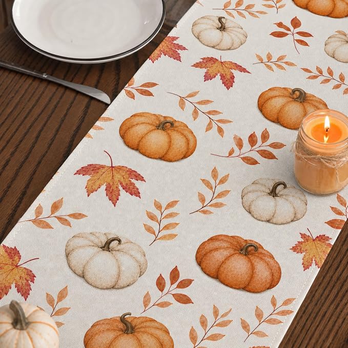 Orange Pumpkins Maple Leaves Table Runner, 13 x 72 Inch, Thanksgiving | - Image 6
