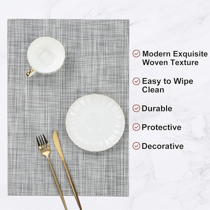 SHACOS Woven Vinyl Placemats Set of 4 Wipe Clean Reversible Table Mats Heat Resistant Wipeable Non Slip Place Mats Indoor Outdoor, Gray White