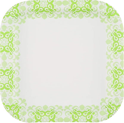 Glad Square Disposable Paper Plates, Green Victorian Pattern - Strong, Sturdy, Soak Proof, and Microwavable Decorative Plates for Dinner and Everyday Use, 10 Inch, 50 Count