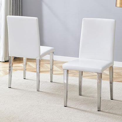 White Dining Chairs Set of 4,Faux Leather with Chrome Plate Metal Legs,Armless Kitchen Room Chairs Set of 4,Max Load 300 Lbs,High Back Modern Design for Home Kitchen Living Room Bedroom