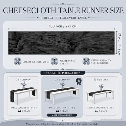 2 Pack Black Cheesecloth Table Runner 17x108 Inch Boho Rustic Semi Sheer Gauze - Image 3