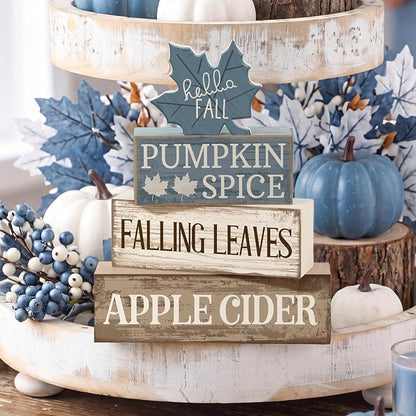 Moucuny 4 Pcs Fall Table Decoration Rustic Blue Maple Leaf Stacked Wooden Block - Image 2