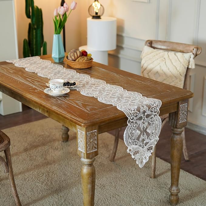 ARTABLE Off White Lace Table Runner Macrame Dresser Scarf Modern 10x47Inch | - Image 5