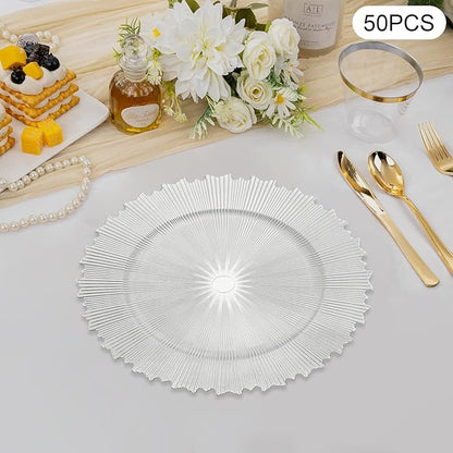 50 Pcs Antique Charger Plates Bulk, 13in Reusable Serving Plates Embossed Rim Plastic Party Dinner Plate Chargers Round Decorative Server Plate for Wedding Party Event Tableware