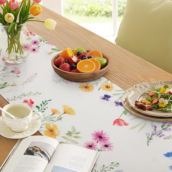 Bonhause Spring Floral Table Runner 13x90 Inch Garden Flowers Birds Leaves - Image 5