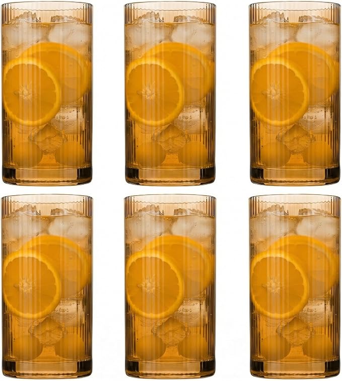 Physkoa Brown Ribbed Drinking Glasses Set of 6 – Vintage Embossed Highball by Physkoa
