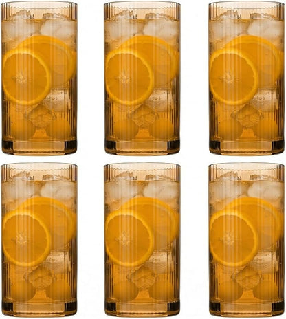 Physkoa Brown Ribbed Drinking Glasses Set of 6 – Vintage Embossed Highball by Physkoa
