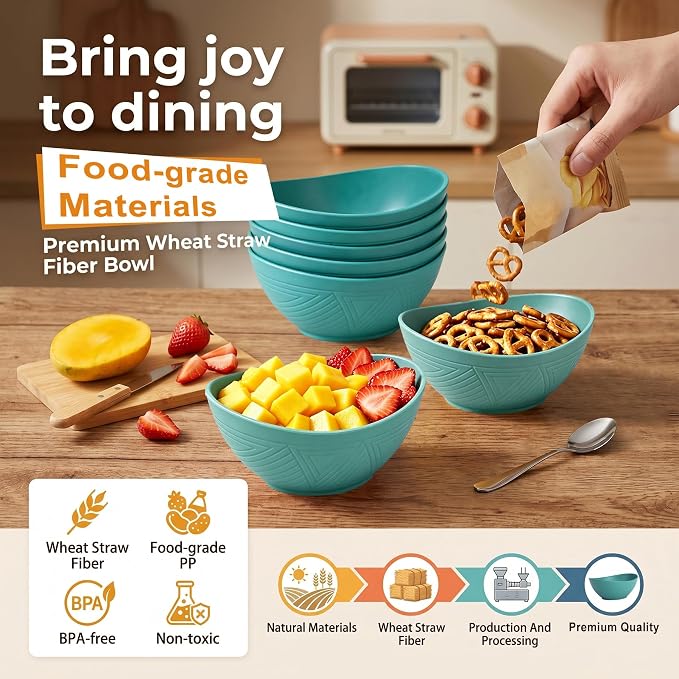 Cereal Bowls Sets of 6, Unbreakable & Stackable Wheat Straw Bowls 26oz - Image 3