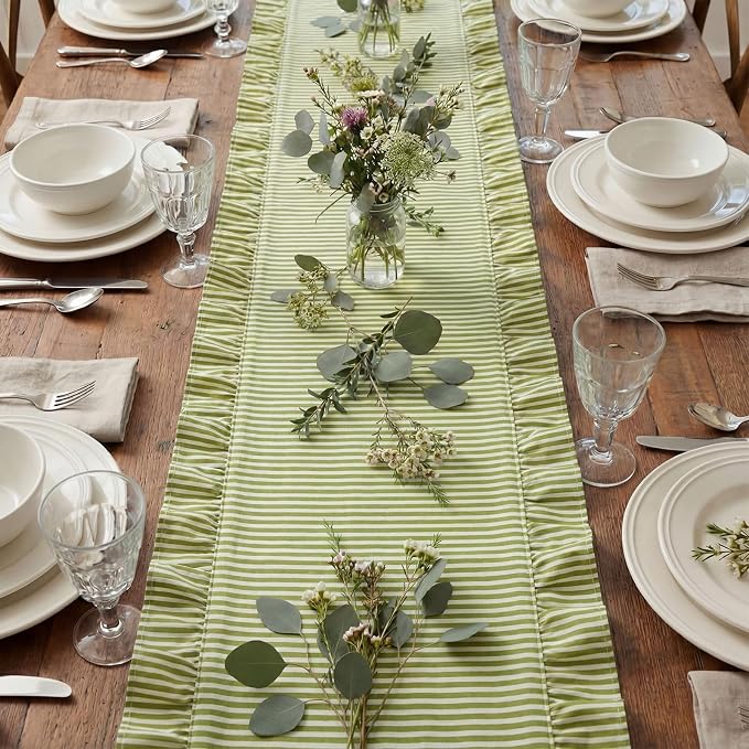 HunnmingRe Ruffle Trim Boho Table Runner Farmhouse Rustic Stripes Scalloped - Image 5