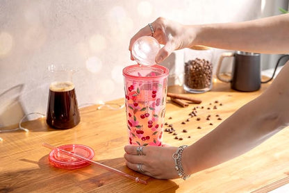 bzyoo 24oz Plastic Tumbler Cup, Lid & Straw, Iced Coffee Cherry Splash | Double - Image 5