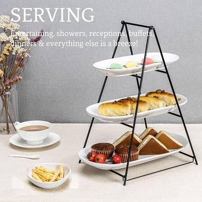 UNICASA 3 Tier Serving Tray for Parties – White Oval Porcelain Serving Platters and Trays with Collapsible Metal Stand – Tiered Dessert Stand for Cake, Snacks, Appetizers, Fruits, Chips & Dips