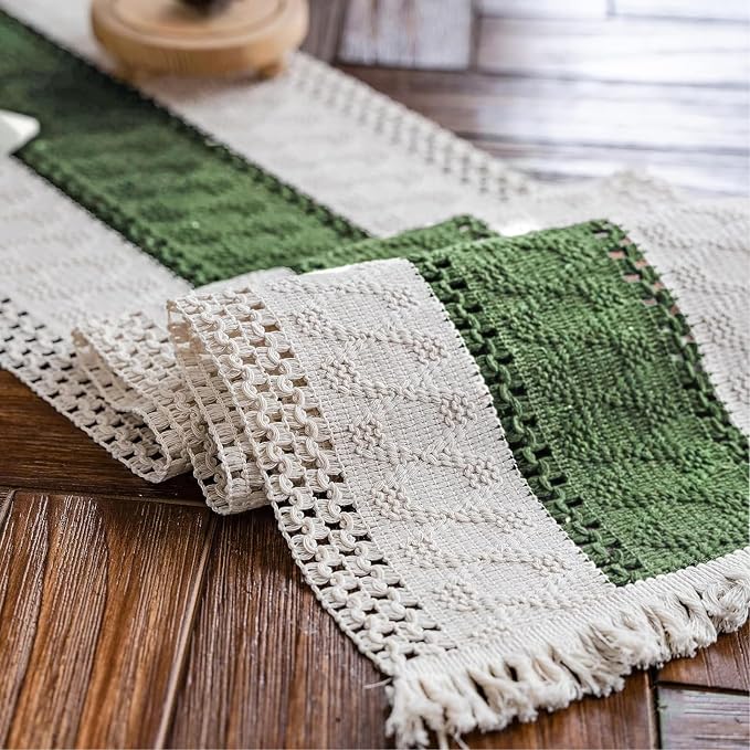 Macrame Table Runner Cream Beige and Green Boho Table Runners by AlynsehomCreateaBetterLife