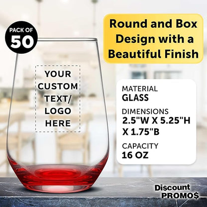 DISCOUNT PROMOS 50 Vaso Silicia Stemless Wine Glasses Set, 16 oz. - Personalized Text, Logo - Clear, Orb-Like, Thick base - Red
