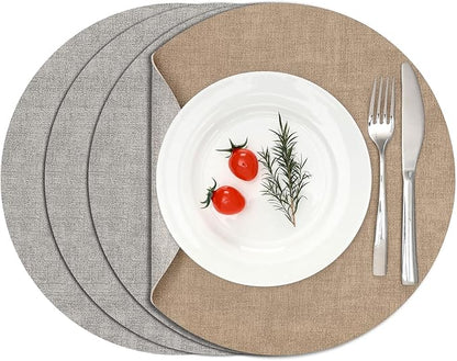 Myir JUN Reversible Vinyl Round Placemats Set of 4, Faux Leather Place Mats Dual Sided Waterproof Oilproof Wipeable, Heat-Resistant Table Mats for Kitchen Dining Indoor Outdoor (14", Light Gray Beige)