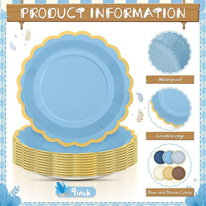 96 Pcs Blue Brown Paper Plates 9 Inch Gradient Scalloped Paper Plates Disposable Dinner Dessert for Birthday Wedding Bridal Party Supplies, 6 Colors