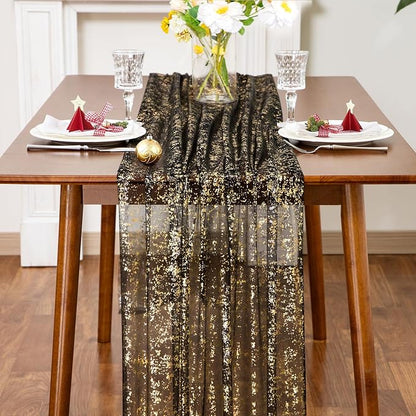 SiinvdaBZX Black Gold Sheer Tulle Table Runner 120 Inch/10 Ft Long | Gauze - Image 3