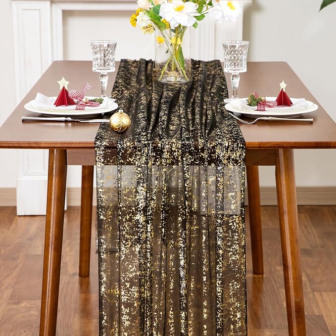 SiinvdaBZX 4 Pcs Black Gold Sheer Tulle Table Runner 120 Inch/10 Ft Long | - Image 3