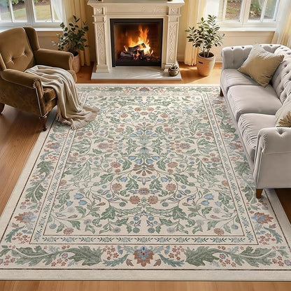Beige Floral 5x7 Area Rugs for Living Room Large Washable Rug Vintage Forest Low Pile Non Slip Stain Resistance Soft Carpet for Dining Room, Bedroom, Office Rug, Kids Room, Nursery Room, Playroom