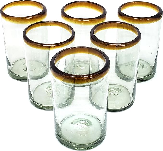 Amber Rim 14 oz Drinking Glasses (set of 6), Recycled Glass, Lead-free, Toxin-Free (Drinking)