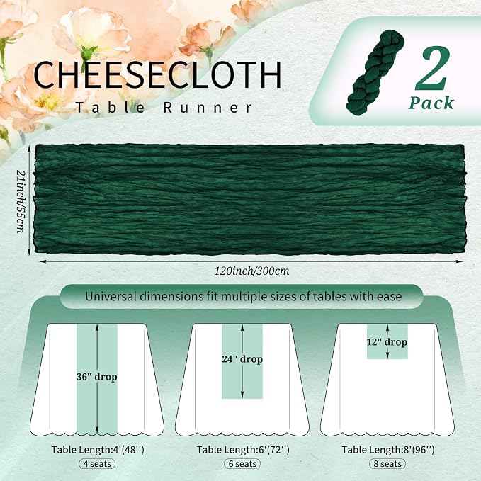 Showgeous 2 Pack Emerald Green Cheesecloth Table Runners Boho Wedding Decor | - Image 2
