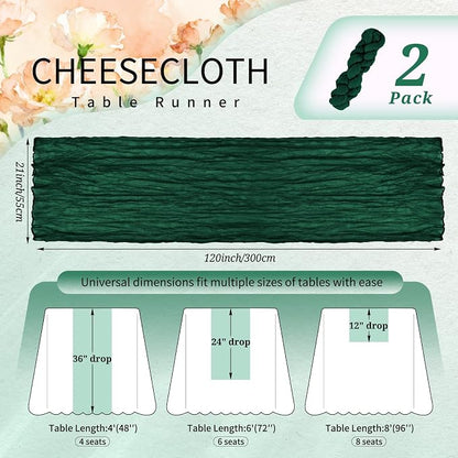 Showgeous 2 Pack Emerald Green Cheesecloth Table Runners Boho Wedding Decor | - Image 2